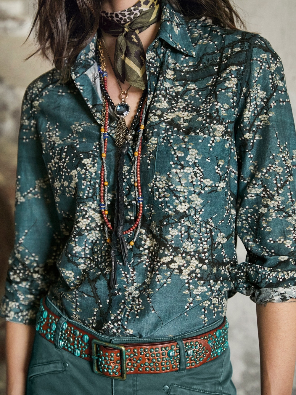 Peruvian Connection Kyoto Blossom Shirt Teal Cotton Silk Floral Boho Button Up M
